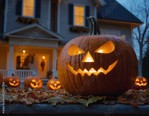 Geschnitzter Helloween Kürbis vor dekoriertem Haus photo