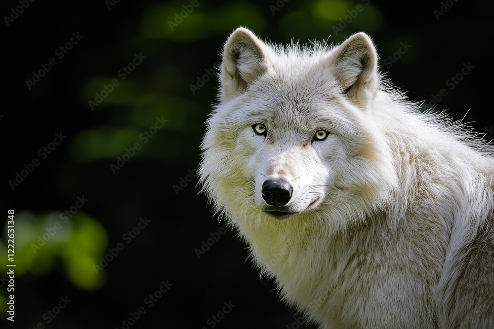 Obraz premium A horizontal image features a female grey wolf in an eye-to-eye portrait with a black background, highlighting her beauty and dangerous presence in the forest
