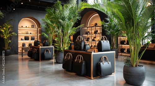 Future consumer trend concept. Modern retail space featuring elegantly displayed black handbags surrounded by lush greenery and stylish lighting. photo