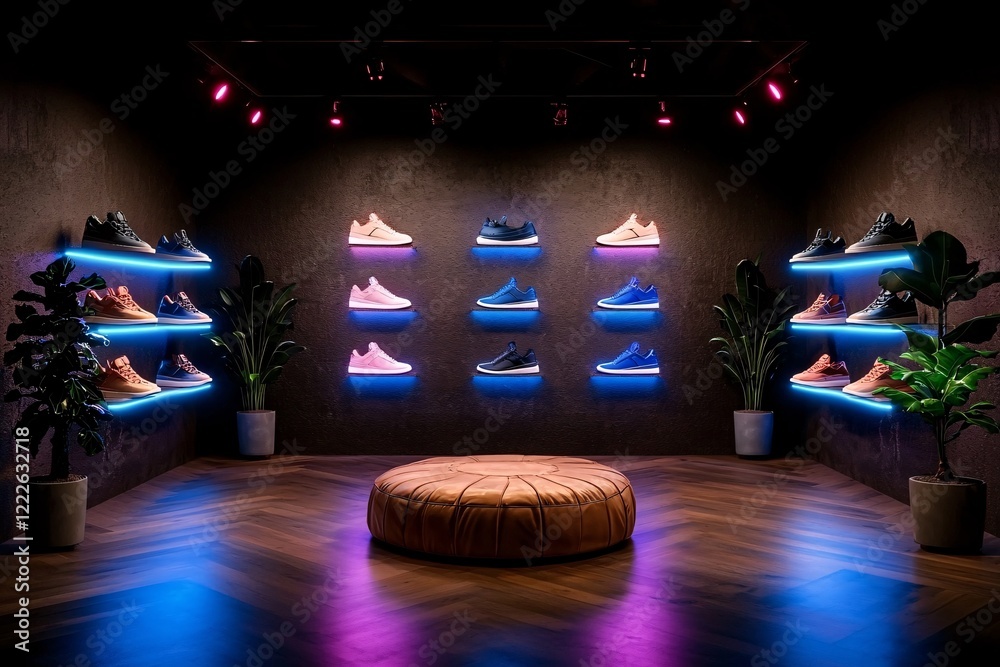 Future consumer trend concept. Stylish sneaker display in a modern showroom, featuring illuminated shelves and a cozy seating area.