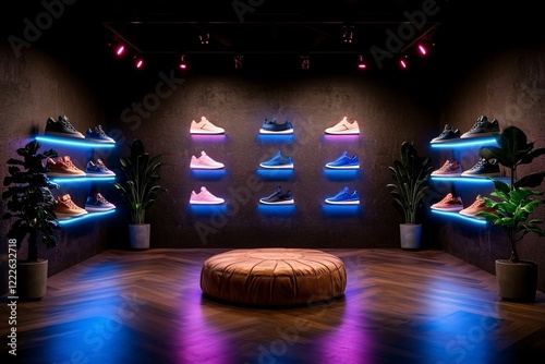 Obraz na płótnie Future consumer trend concept. Stylish sneaker display in a modern showroom, featuring illuminated shelves and a cozy seating area. w salonie