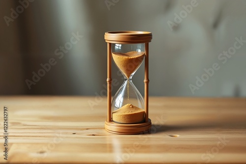 Eine antike Sanduhr mit goldenem Sand steht auf einem glatten Holztisch und symbolisiert Vergänglichkeit und den stetigen Fluss der Zeit. Mit weich verschwommenem Hintergrund in neutralen Tönen.