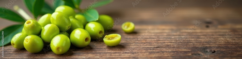 Green olives scattered on rustic wood surface, ripe, foodie Green olives scattered on rustic wood surface, ripe, foodie