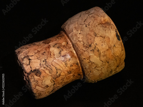 Close-Up of a Champagne Cork on a Black Surface photo