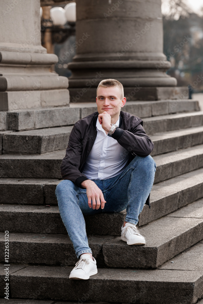 Young Man Posing Thoughtfully on Urban Steps Young Man Posing Thoughtfully on Urban Steps