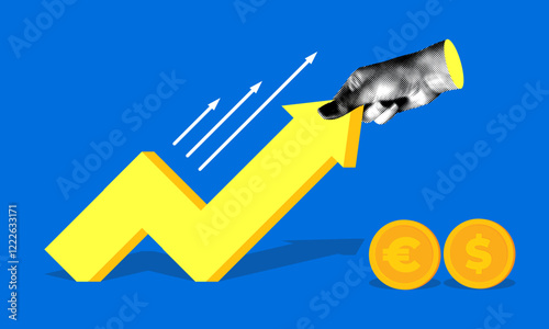 Halftone hand pulls sales chart up. Modern collage. Successful financial and economic strategy. Up sales arrow. Money rising trend. Deposit interest rate increase