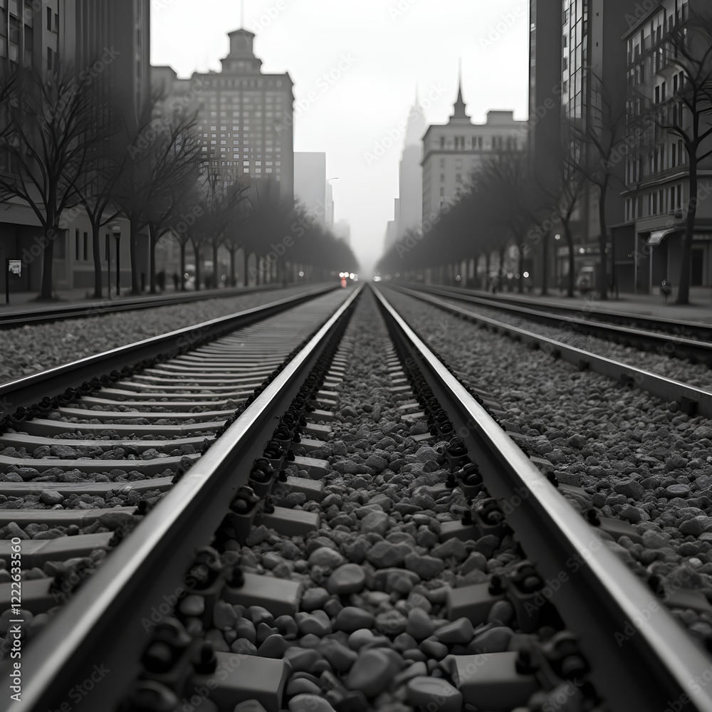 Fototapeta premium Detailed view of empty rails in an urban setting.