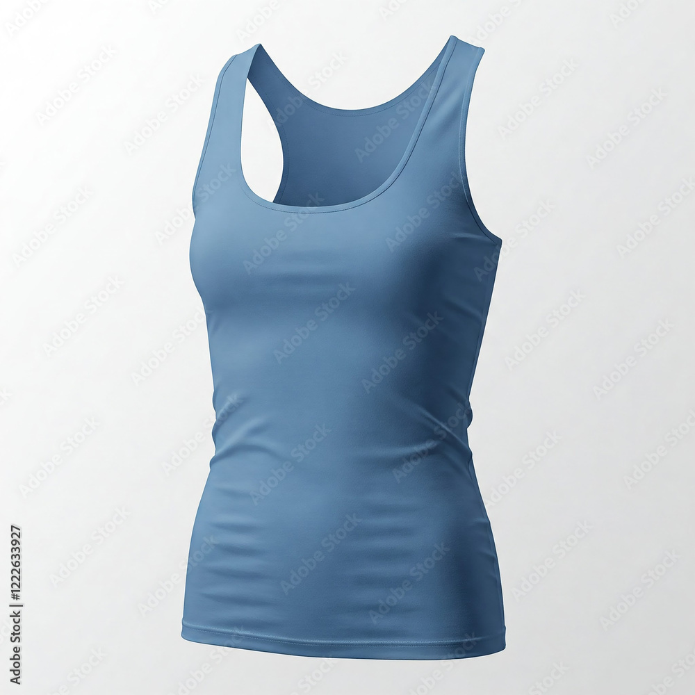 Empty white background display of a slim fit blue woman's U-turns Tank tops mockup with folds and creases accentuated Empty white background display of a slim fit blue woman's U-turns Tank tops mockup with folds and creases accentuated