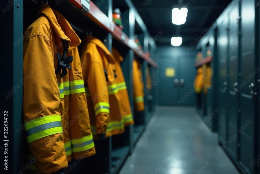 Clean, folded firefighter bunker gear in station locker , equipment, department Clean, folded firefighter bunker gear in station locker , equipment, department