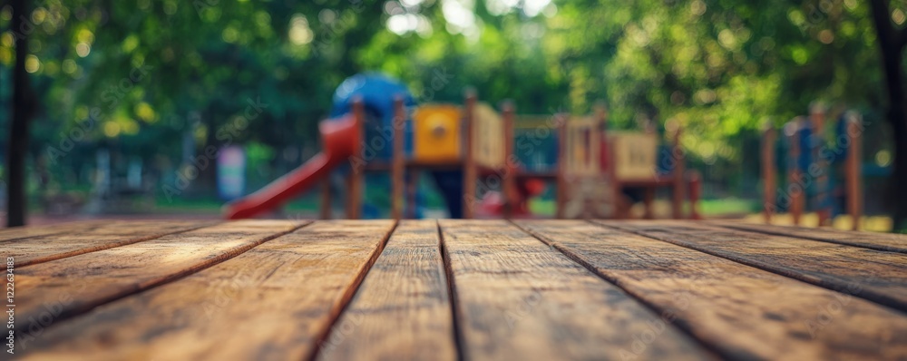 Wooden table in park with colorful playground and lush greenery background Wooden table in park with colorful playground and lush greenery background