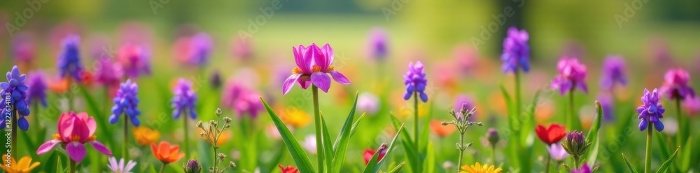 Purple Fritillaria flowers blooming in a field with other wildflowers, colorful fields, garden features Purple Fritillaria flowers blooming in a field with other wildflowers, colorful fields, garden features