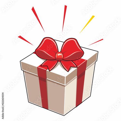 White rectangle gift box with red ribbon and raising surprise effect illustration.
