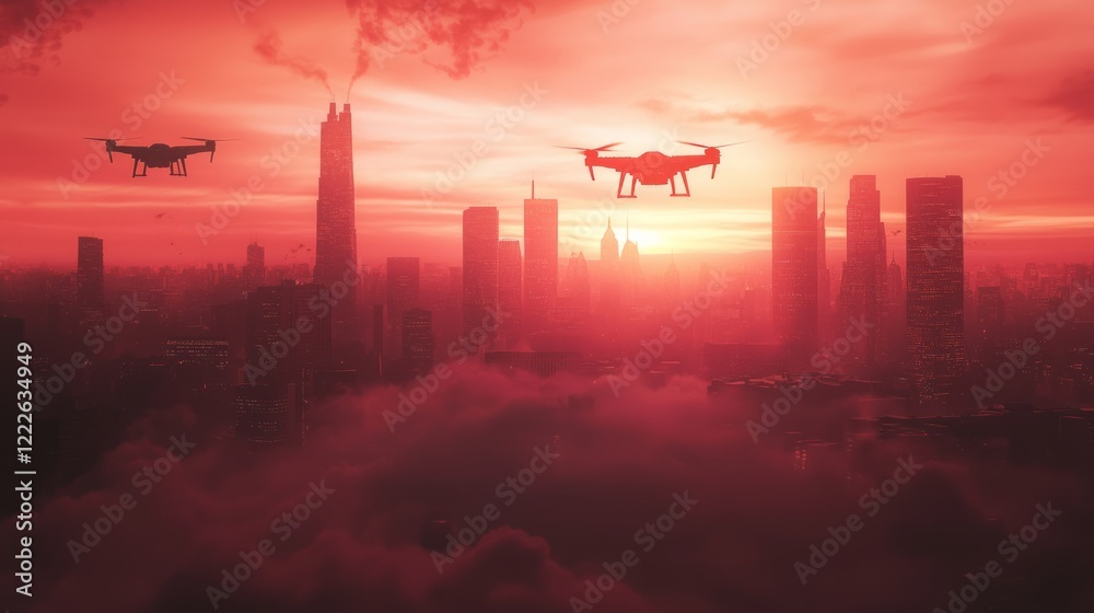 Fototapeta premium Crimson Hued Sunrise Over Cityscape with Drones in the Sky