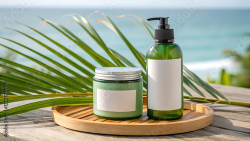 Eco-friendly skincare product set, green pump bottle and jar, palm leaves and beach backdrop, wooden tray display, suitable for beauty branding, natural cosmetics marketing, tropical wellness themes photo