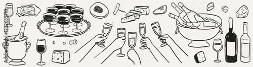Wine, champagne with cheese vector illustration. Food and drinks drawing in doodle ink sketch style for wedding, birthday party or anniversary. Cheddar, parmesan, brie, gorgonzola slices and pieces.