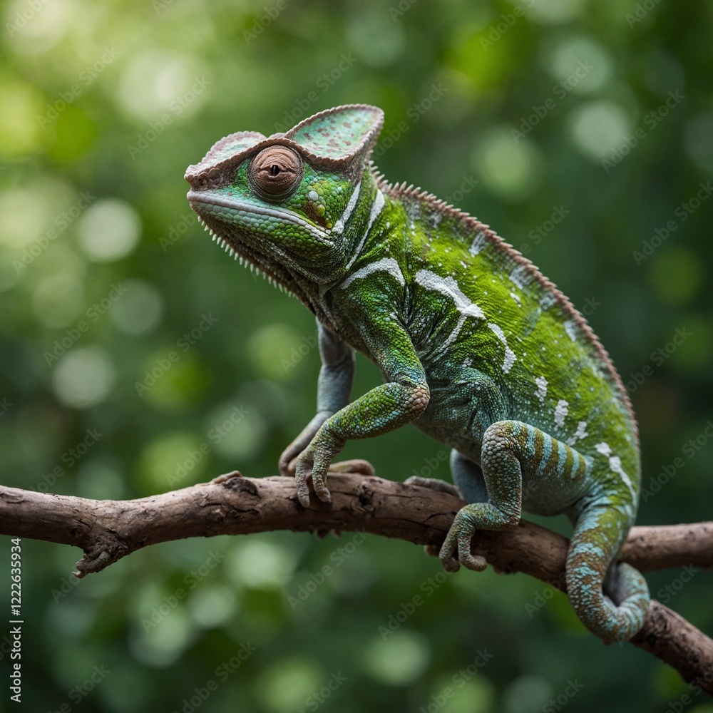 Fototapeta premium A chameleon on a branch, side-view, full-body, with a blurred green background.