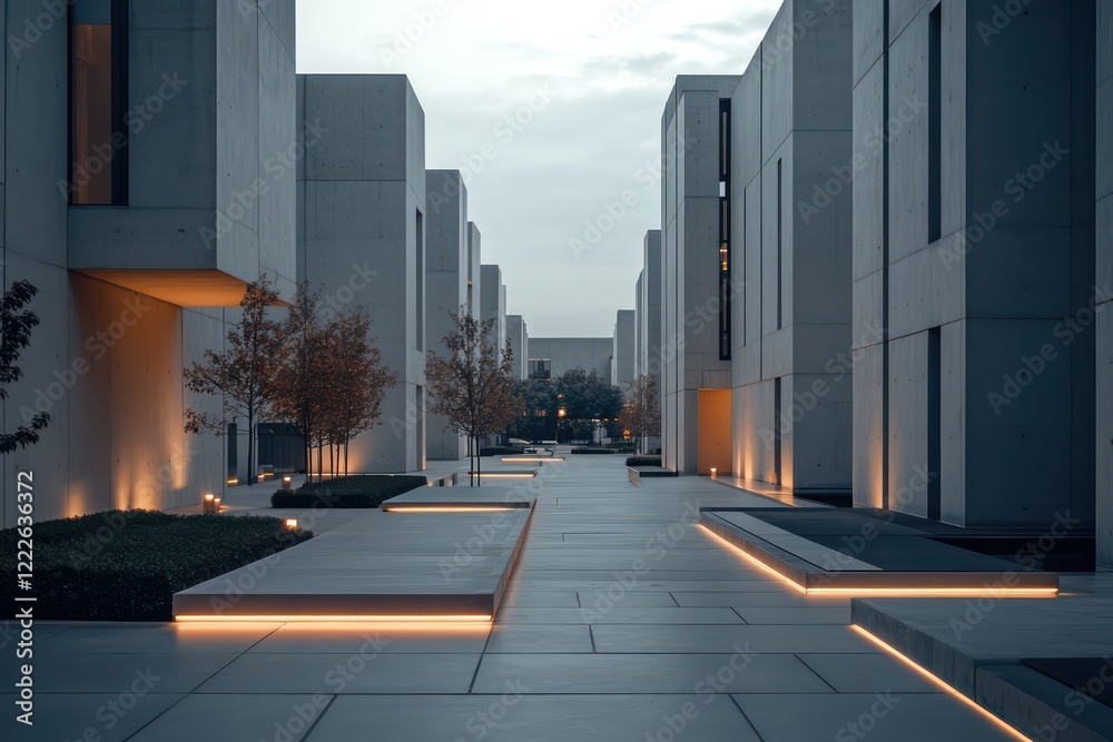 Fototapeta premium A minimalist urban plaza surrounded by smooth concrete facades, soft lights, and serene paths