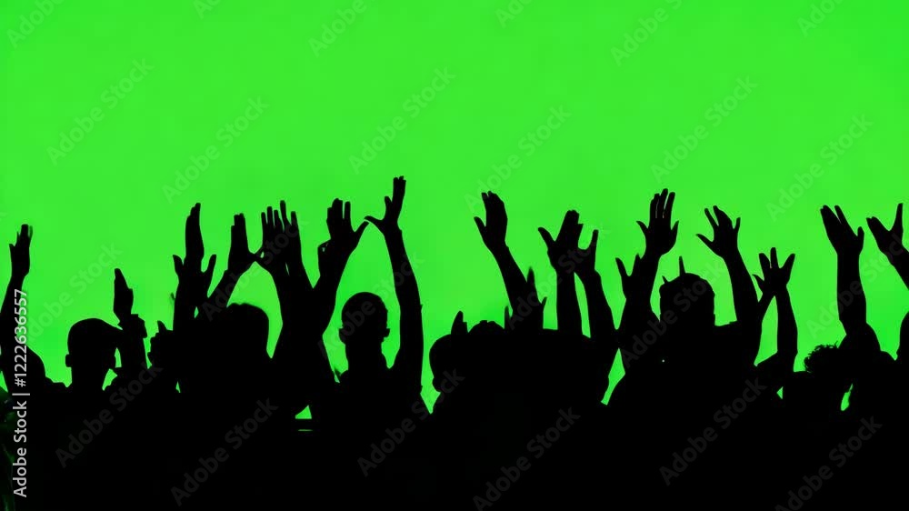 Silhouettes of people waving hands at a concert on a green chroma key background, perfect for creative and event video projects Silhouettes of people waving hands at a concert on a green chroma key background, perfect for creative and event video projects