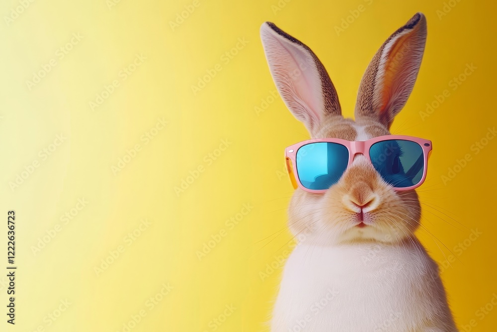 Cool Bunny in Pink Sunglasses on Vibrant Yellow Easter Fashion, Holiday Fun, Spring Style Cool Bunny in Pink Sunglasses on Vibrant Yellow Easter Fashion, Holiday Fun, Spring Style