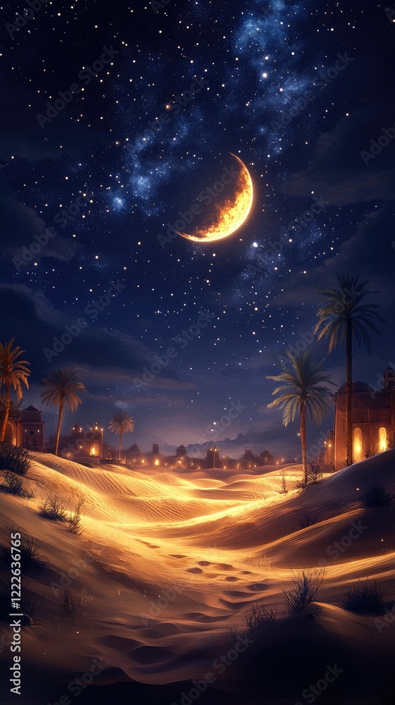 Naklejka premium Glowing Crescent Moon Over Desert Village at Night