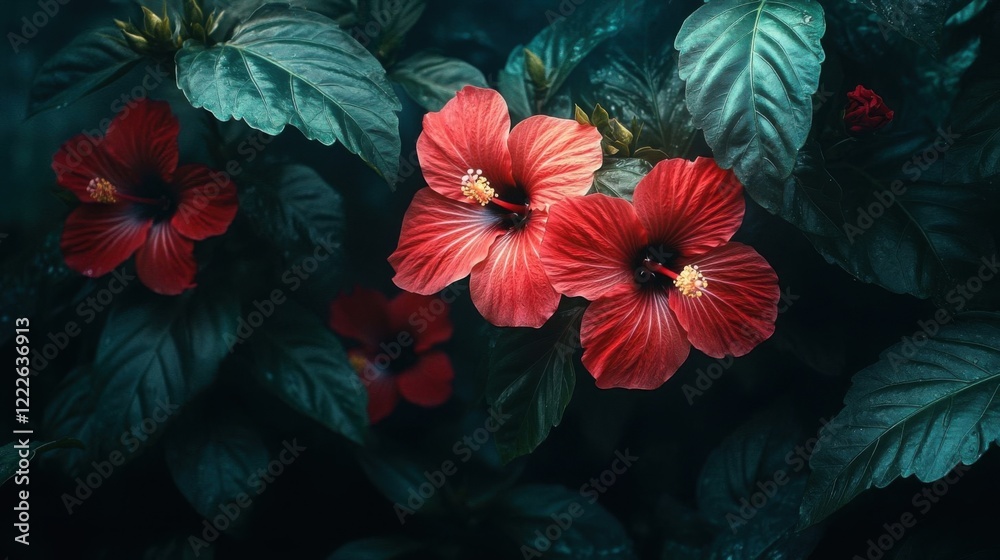 Naklejka premium Macro shot of red hibiscus flowers.