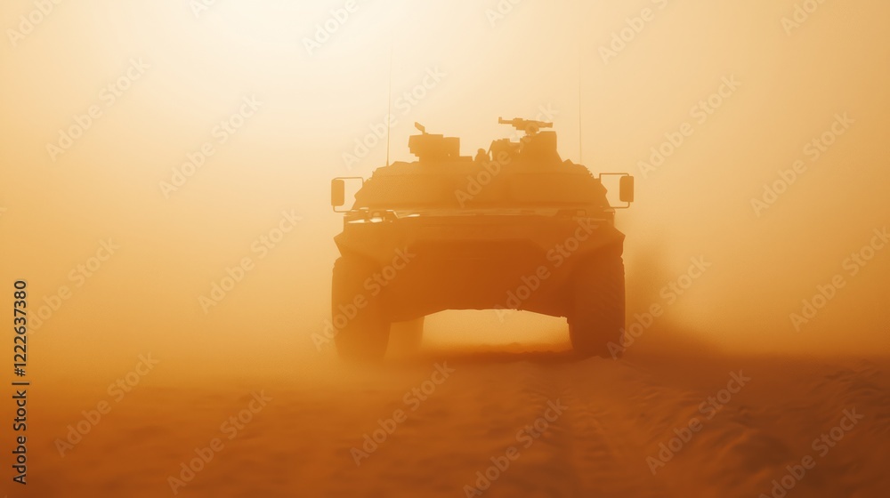 Fototapeta premium Dust Storm with Armored Vehicle in Gusty Winds and Blowing Dust