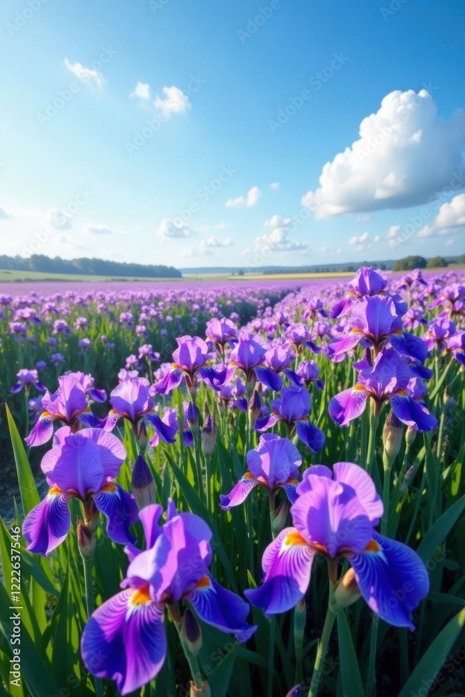 Purple irises stretch towards the clear blue sky, field, blooming, purple flowers Purple irises stretch towards the clear blue sky, field, blooming, purple flowers