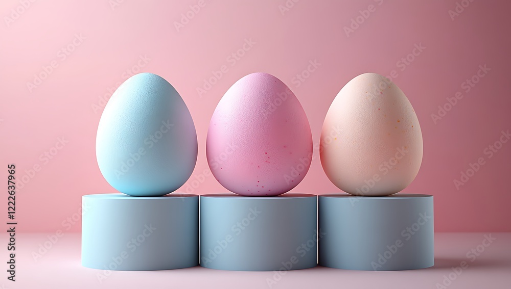 Fototapeta premium Easter eggs podium for product presentation, happy easter day concept, minimal scene with pedestal and egg, Easter day with geometry platform for product,