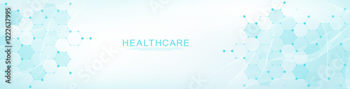 Modern health care or medical background design. Health care innovation concept. Horizontal header web banner. Abstract geometric background with hexagon shapes for medicine, science, chemistry.