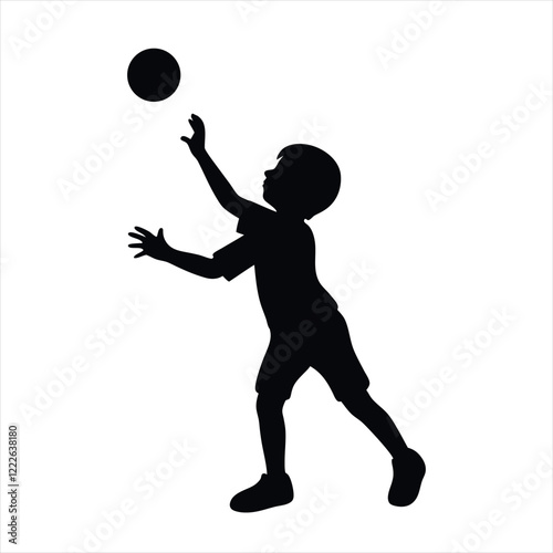 Silhouette of a boy catching a ball. playing a ball on white background. boy playing vector illustration