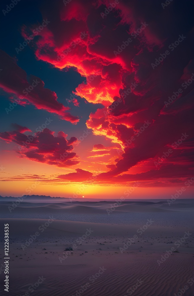 Fototapeta premium Serene Desert Under a Deep Red Sunset with Soft Evening Clouds Wallpaper Art 