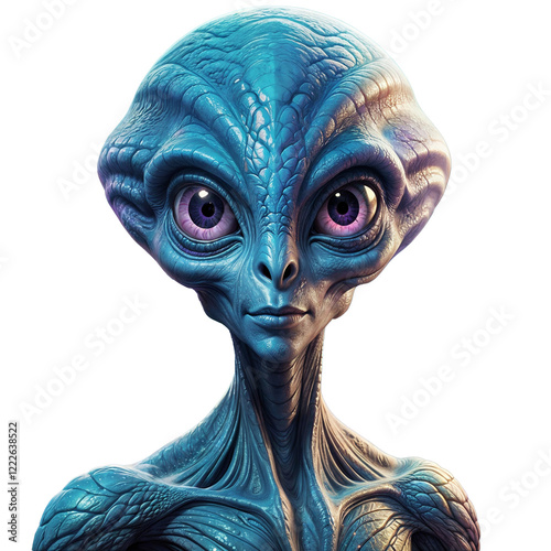 alien character head portrait with a blue, scale-like skin texture and large eyes. isolated on transparent background .