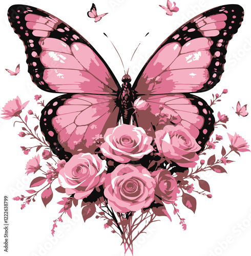 Pink butterfly with roses Illustration 