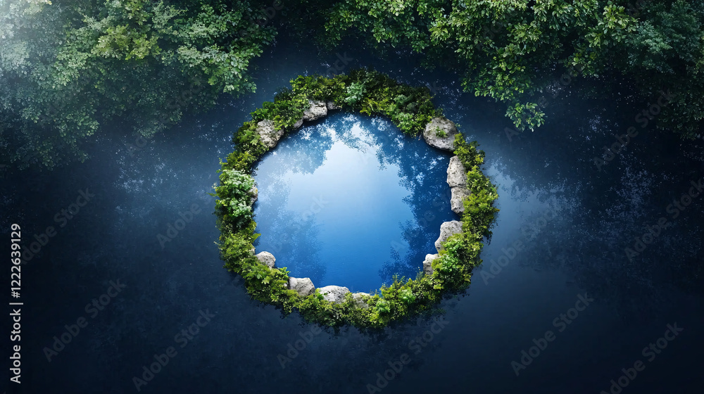 serene and tranquil view of secluded circular pond surrounded by lush greenery and rocks, reflecting calm blue sky above serene and tranquil view of secluded circular pond surrounded by lush greenery and rocks, reflecting calm blue sky above