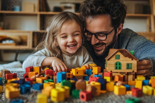 A joyful father and daughter building together with colorful blocks and a toy house.