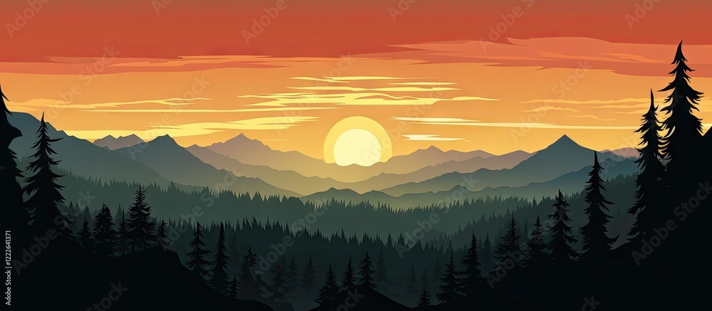 Serene coniferous forest silhouette against vibrant orange and yellow sunset sky with distant mountains in rich greens and blues during summer.