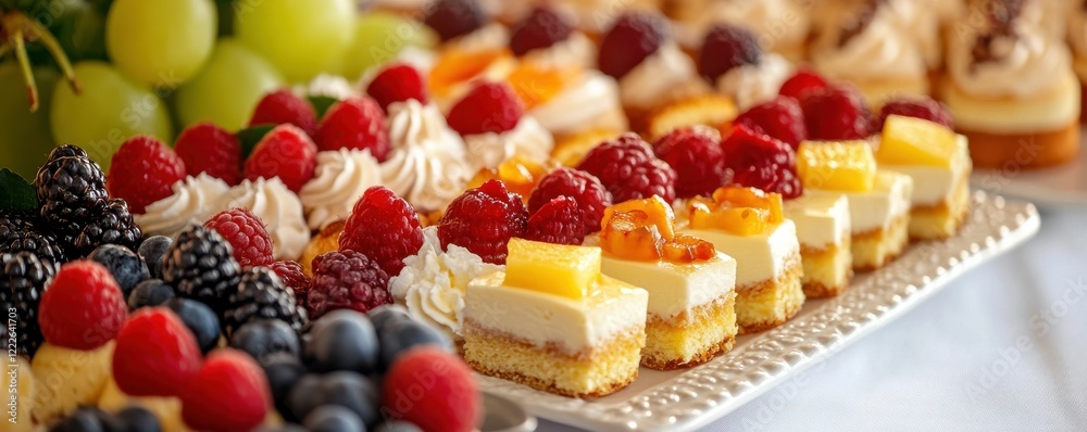 Assorted fruit-topped cakes and berries on a decorative plate Assorted fruit-topped cakes and berries on a decorative plate