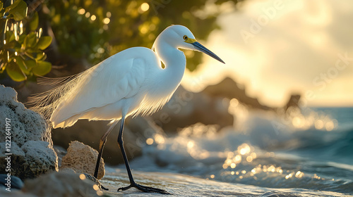 A clear image of a snowy egret standing near the shore, with bright white feathers and graceful posture, illuminated by soft sunlight