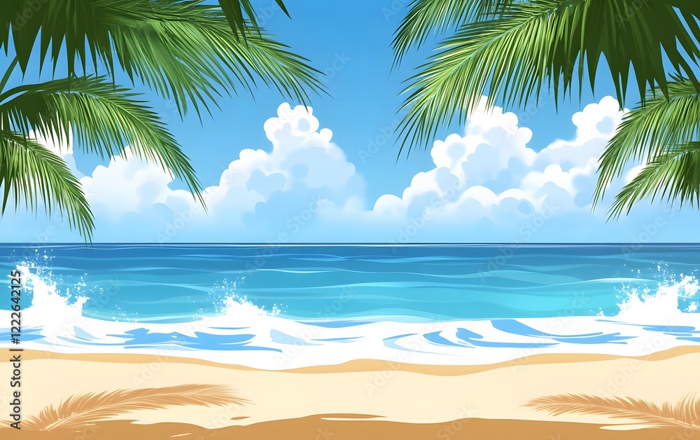 Fototapeta premium Stunning Tropical Beach Scene, Palm Trees, Ocean Waves, and Sunny Sky