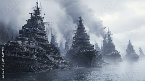 Gloomy Waterfront Scene with Sunken Warships and Misty Atmosphere