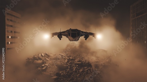 Futuristic gunship hovering above a ruined urban landscape at night