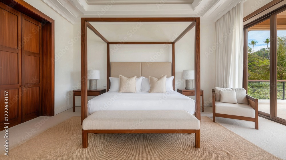 A serene, modern bedroom featuring a four-poster bed, natural light, and minimalist decor, promoting relaxation and comfort. A serene, modern bedroom featuring a four-poster bed, natural light, and minimalist decor, promoting relaxation and comfort.