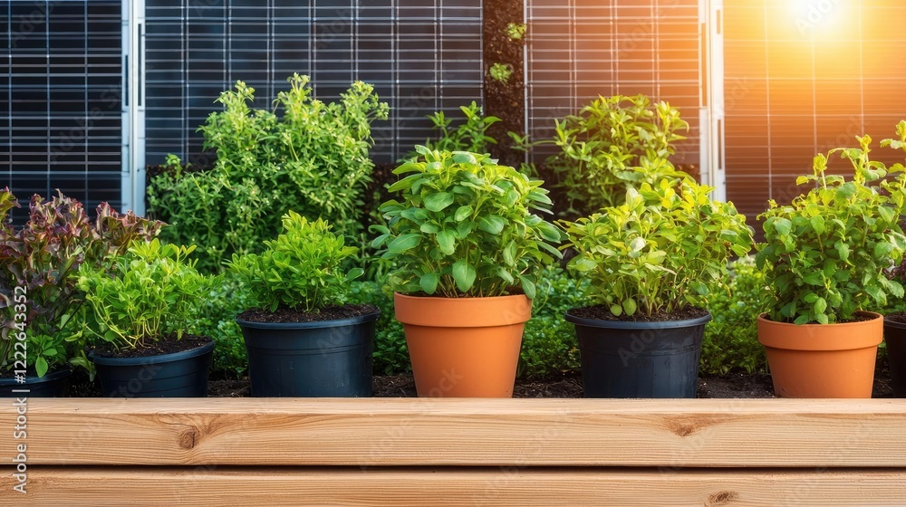 Eco-friendly practices gardening concept. A vibrant display of potted herbs basking in sunlight with solar panels in the background. Eco-friendly practices gardening concept. A vibrant display of potted herbs basking in sunlight with solar panels in the background.