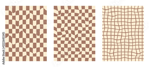 Groovy checkerboard pattern set. Psychedelic checker background pack. Trippy y2k retro vertical textures. Funky abstract poster design templates. Vector playful flat geometric wavy grid illustration.