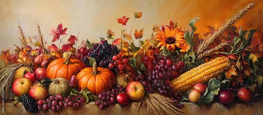 Autumn harvest display featuring vibrant pumpkins in orange, red apples, green gourds, grapes, and golden corn against warm sunset background.