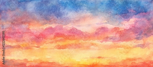 Vibrant watercolor sky background featuring blended shades of blue, pink, and orange with a subtle grunge texture for artistic versatility
