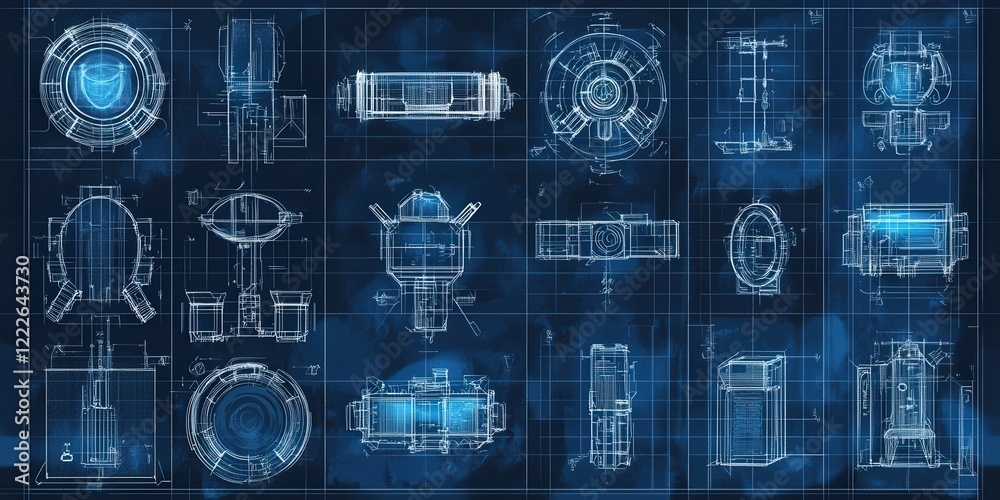 A blueprint-inspired icon set with a futuristic mechanical feel A blueprint-inspired icon set with a futuristic mechanical feel