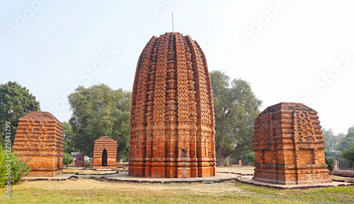 Front façade view of the terracotta Palpara Temple, an exquisite 17th-century structure in Chakdaha, Nadia, West Bengal, India. photo