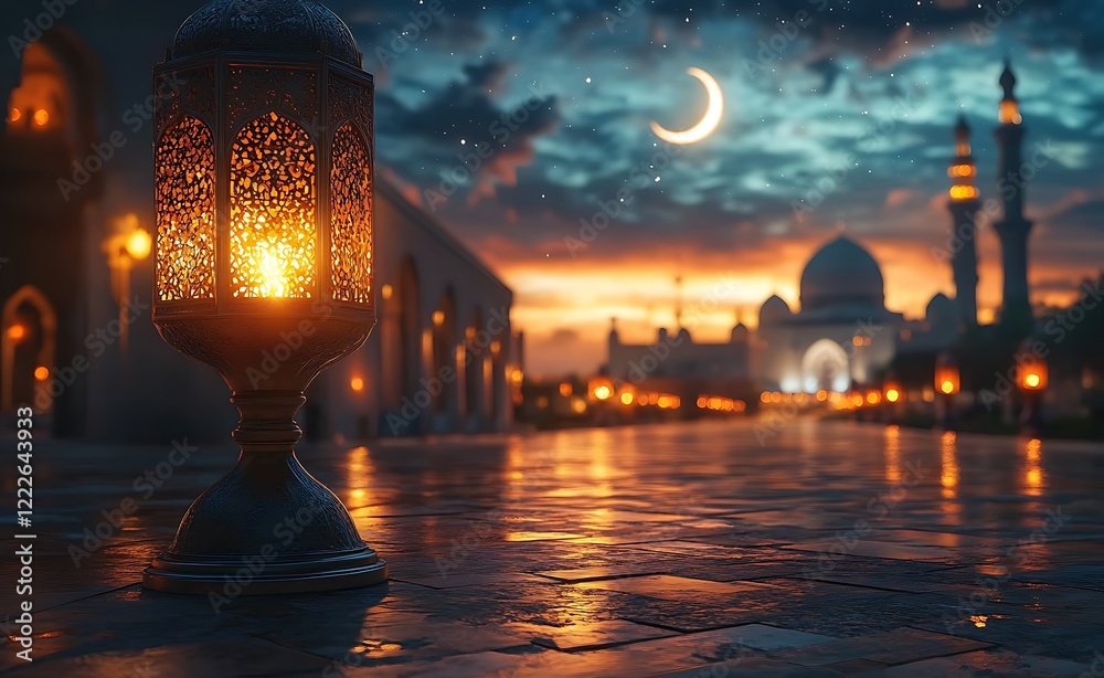 Illuminated Lantern on a Shiny Floor with a Mosque and Crescent Moon in the Background at Twilight
Illuminated Lantern on a Shiny Floor with a Mosque and Crescent Moon in the Background at Twilight