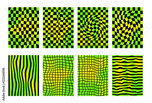Checkerboard neon background set. Psychedelic warped checker gradient posters templates. Surreal chessboard with distorted grid and stripes. Y2k yellow and green vertical textures.